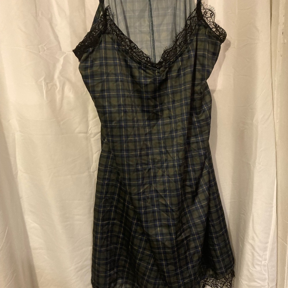 Green and blue plaid slip dress